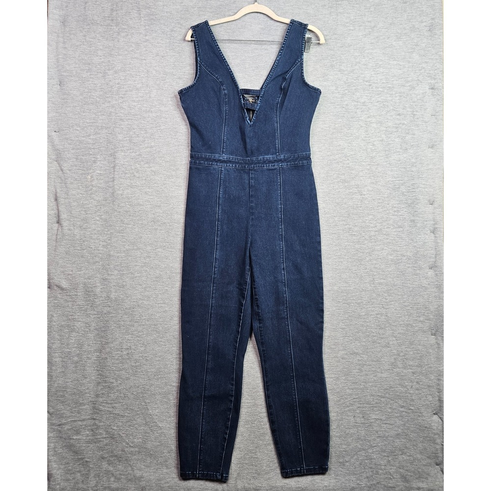 Bebe Women's V-neck Half Zip Denim Stretch Jumpsuit Size 10